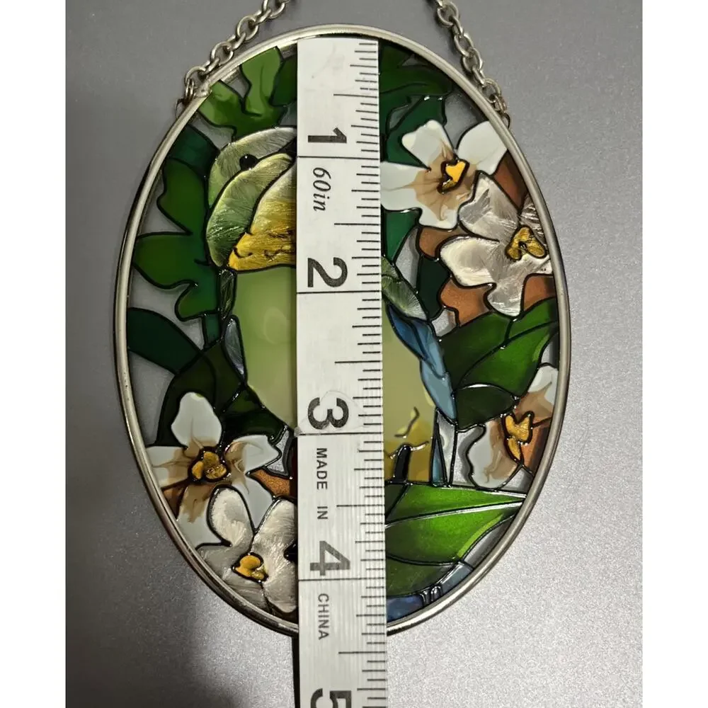 Stain Glass Sun Catcher Hand Painted Hummingbird Bird Floral Oval 4.5”